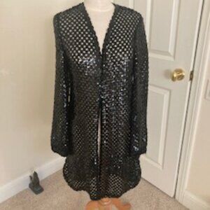 THREE FLAGS Women's Black Lattice Sequin Dressy Coverup. Size M, snap closure